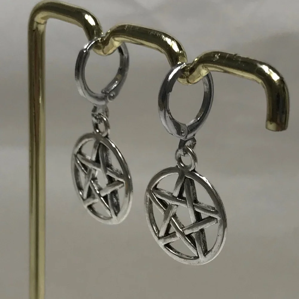 Gothic Pagan Silver Pentagram Pentacle Handmade Hoop Earrings, Encircled Stars - Picture 5 of 12